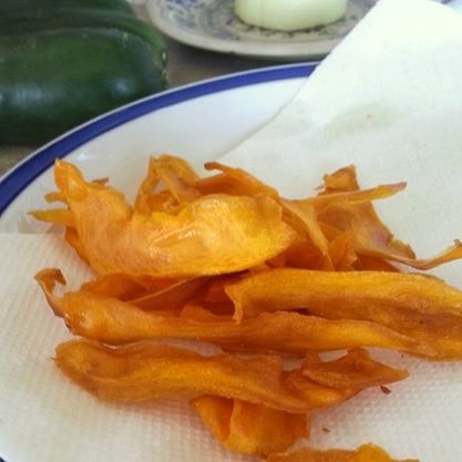 Sweet potato chips are so easy to make. Even with a fat head cold, you can't mess them up.