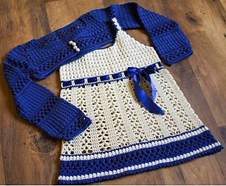 24 patterns in this Crochet Dress Roundup compiled by SimplyCollectibleCrochet.com | Dress & Bolero in White and blue for a Girl by Svetlana M.