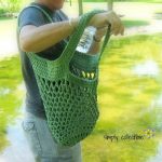 Sturdiest Ever Market Bag crochet pattern in olive on a camping trip by Celina Lane, Simply Collectible