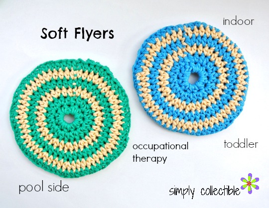 Soft Flyers free crochet pattern makes the best pool toy, indoor frisbee golf, occupational therapy tool, toddler toy, man cave toy, picnic toy, even pet toy. (NOT intended to be a chew toy.) Using cotton and an H/8 hook, this is a simple pattern that works up in 20 minutes or less. https://simplycollectiblecrochet.com/2016/06/soft-flyers-free-crochet-pattern/