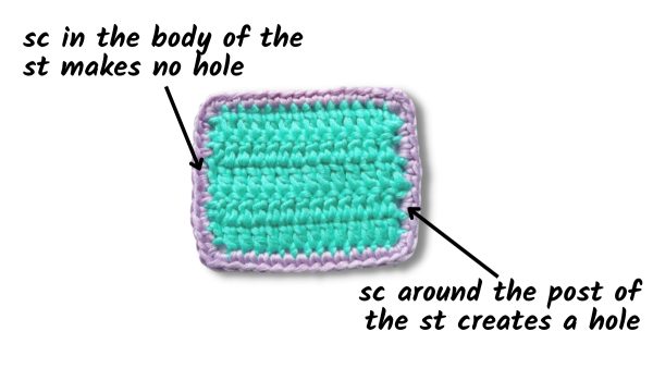 The difference of single crochet border in the body vs around the post