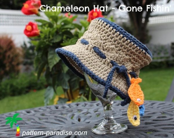 wine glass and chameleon crochet hat with fish dangle
