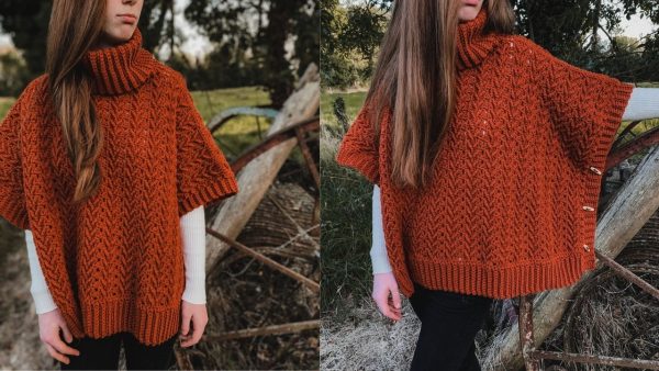 A woman wearing the Harvest Turtleneck Crochet Poncho