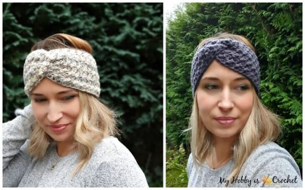 A woman wearing the "Twisted Textures" Crochet Headbands in different colors