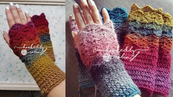 a woman wearing a fantail shell stitch fingerless gloves by hooked by robin